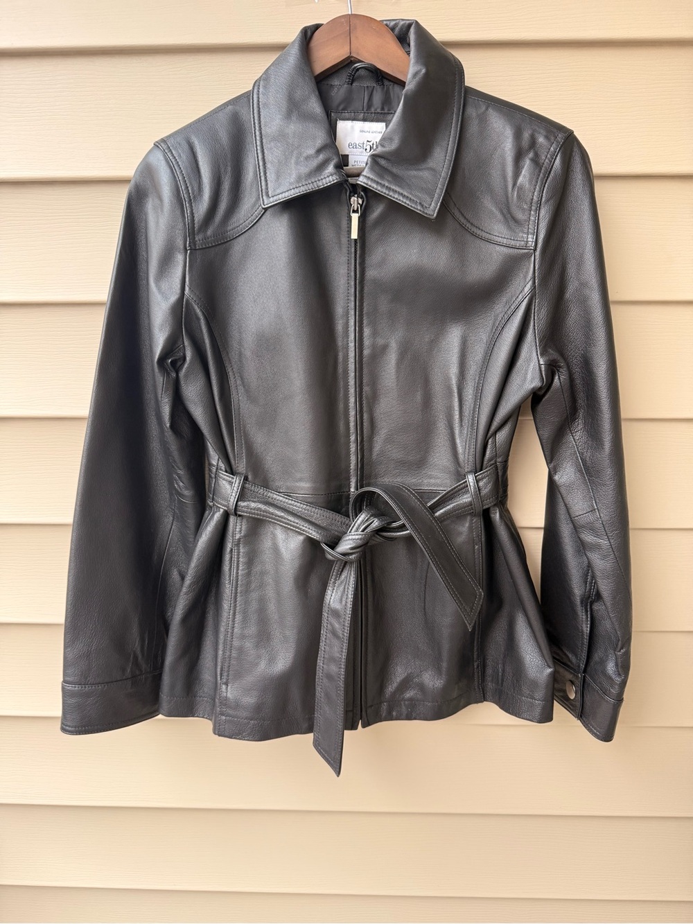 East 5th Genuine Leather Belted Jacket Black Petite Medium PM